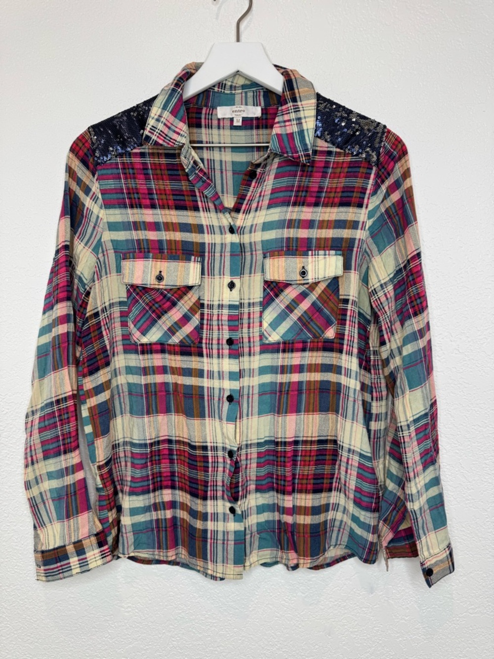 Entro Plaid Button Down Sequin Top